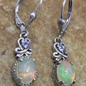 Ethiopian Welo Opal. Tanzanite. Earrings.